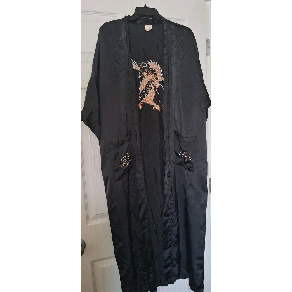 Vintage Satin Asian Dragon Kimono Embroidered Pockets Long Robe Large Black